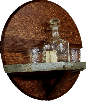 Picture of a bourbon shelf made from a bourbon barrel